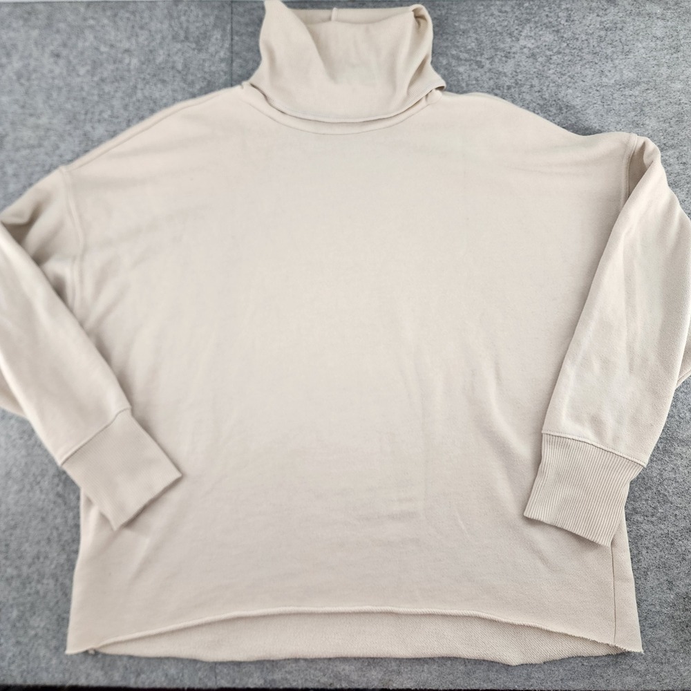 Aerie Women Beige Turtleneck Oversized Raw Hem Sweatshirt Medium Loungewear